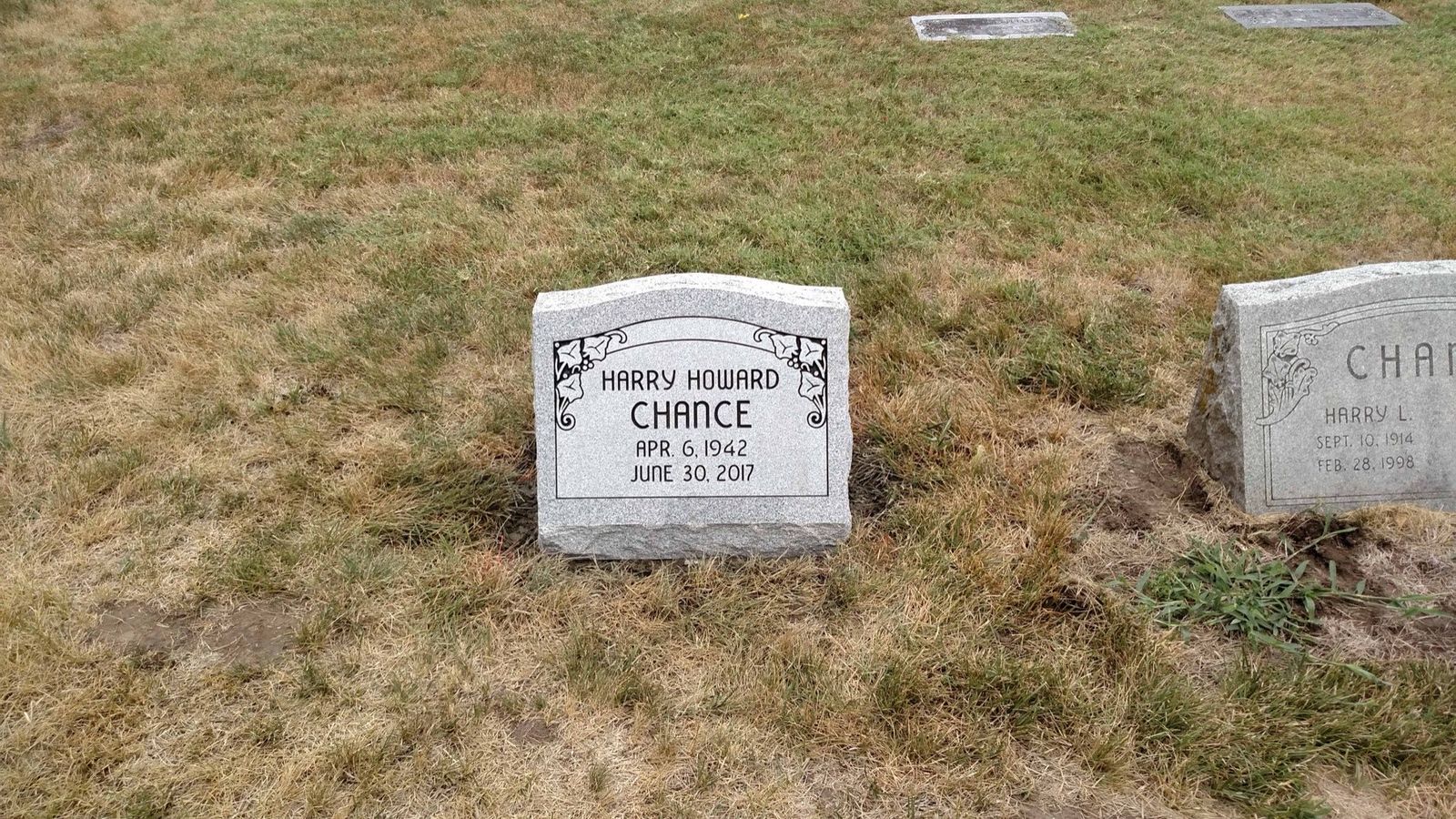 Grey granite upright with carved ivy corners, standing beside an older family stone in the same plot