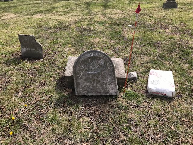 An old arched marble headstone sunk and tilted forward in cemetery grass, with a survey flag beside it